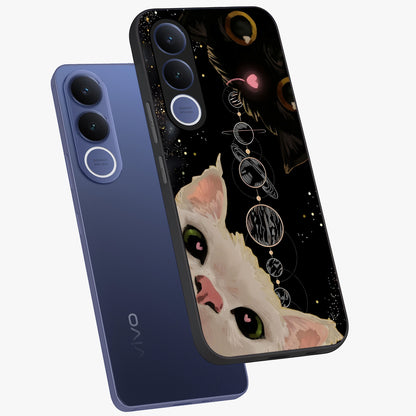 Galactic Cat Glass Case displayed in angled mockup highlighting celestial feline illustration with galaxy aesthetic style.