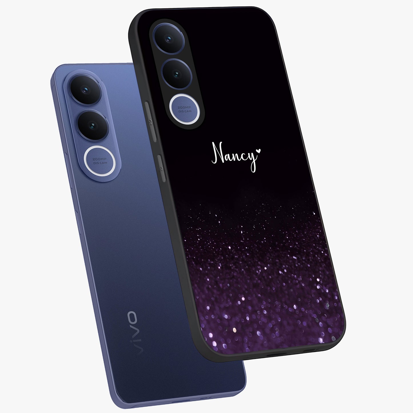 Glittery Purple Bokeh Custom Name Glass Case displayed in angled mockup highlighting glitter bokeh pattern with custom name feature.
