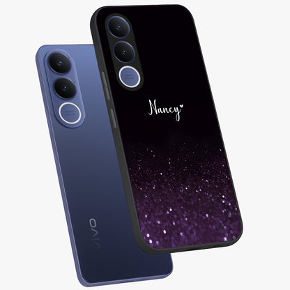 Glittery Purple Bokeh Custom Name Glass Case displayed in angled mockup highlighting glitter bokeh pattern with custom name feature.