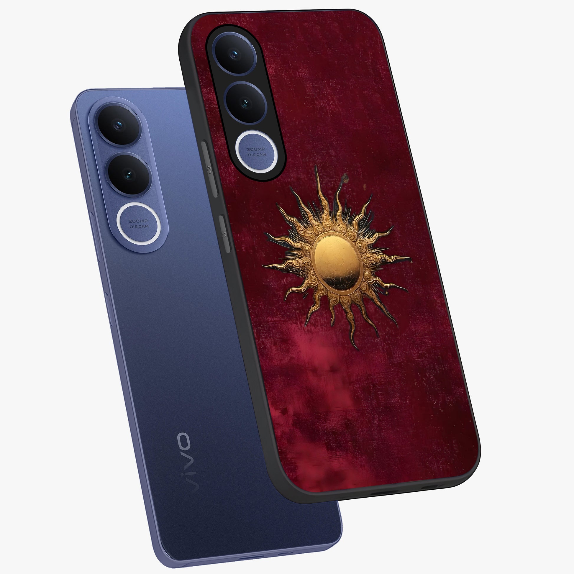 Golden Sun Minimalism Glass Case displayed in angled mockup highlighting clean sun symbol design with modern minimal aesthetic.