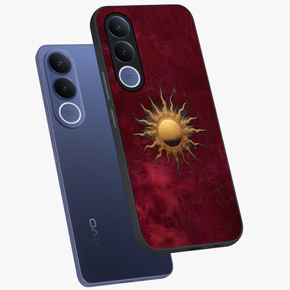 Golden Sun Minimalism Glass Case displayed in angled mockup highlighting clean sun symbol design with modern minimal aesthetic.