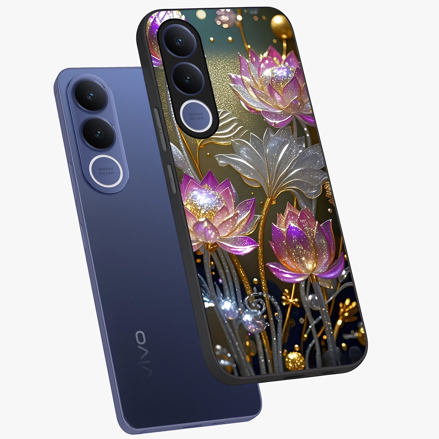 Golden Floral Majesty Glass Case displayed in angled mockup highlighting elegant flower design with royal golden aesthetic.