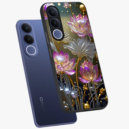 Golden Floral Majesty Glass Case displayed in angled mockup highlighting elegant flower design with royal golden aesthetic.