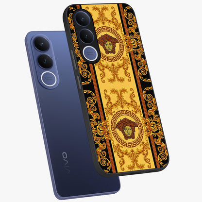 Golden Lotus Glow Glass Case displayed in angled mockup highlighting radiant lotus illustration with spiritual aesthetic.