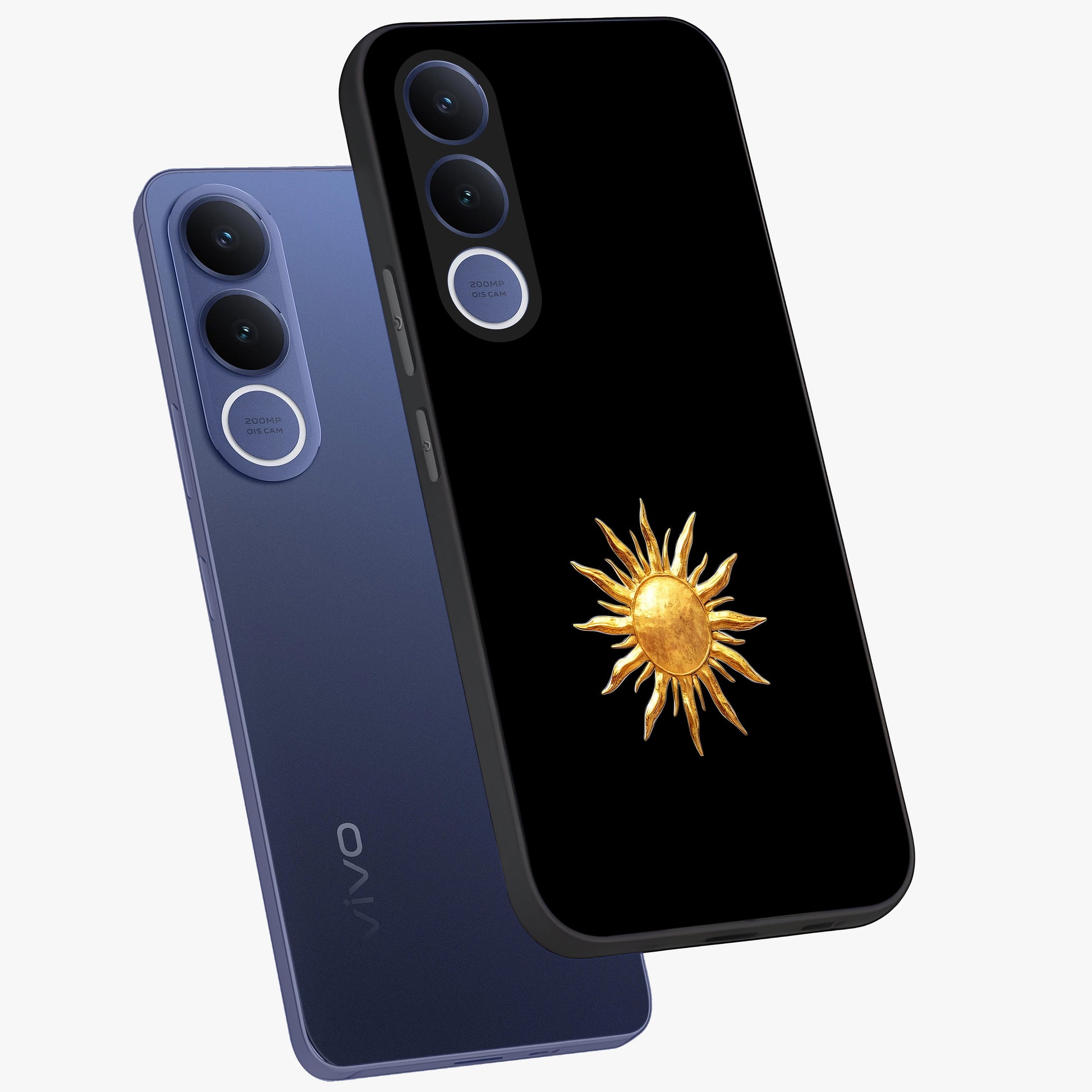 Golden Sun Minimalism Glass Case displayed in angled mockup highlighting eerie shadow illustration with gothic aesthetic.