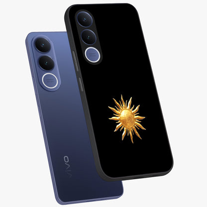 Golden Sun Minimalism Glass Case displayed in angled mockup highlighting eerie shadow illustration with gothic aesthetic.