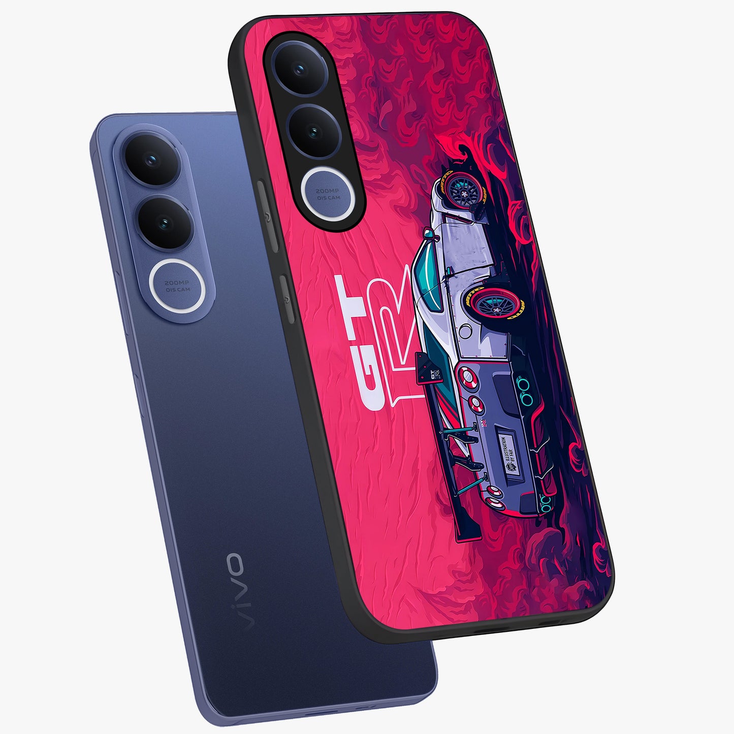 GT-R Car Pattern Glass Case displayed in angled mockup highlighting racing car graphic design with bold automotive aesthetic.