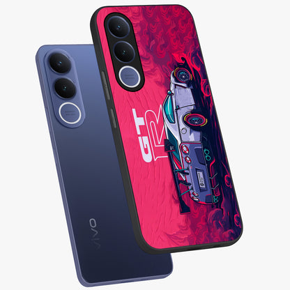 GT-R Car Pattern Glass Case displayed in angled mockup highlighting racing car graphic design with bold automotive aesthetic.
