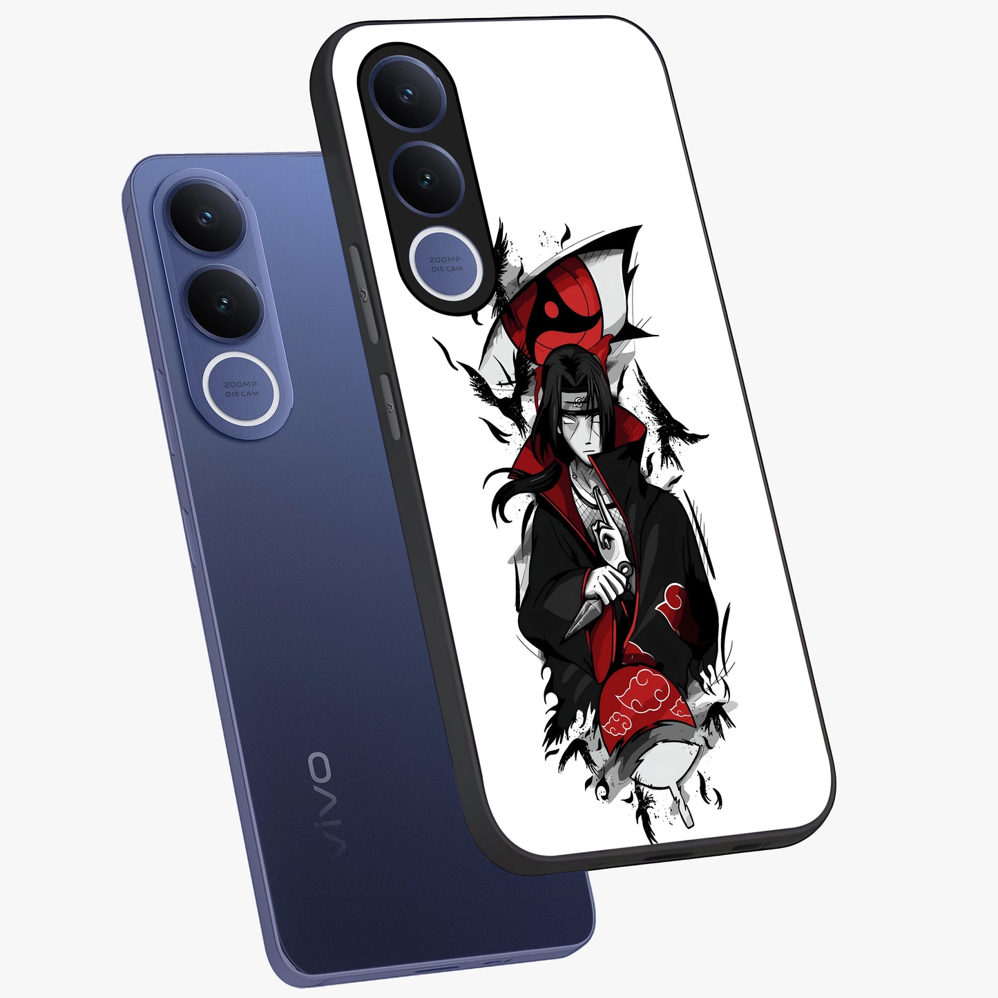 Itachi Limited Edition Naruto Anime Glass Case displayed in angled mockup highlighting dramatic anime illustration with bold action aesthetic.