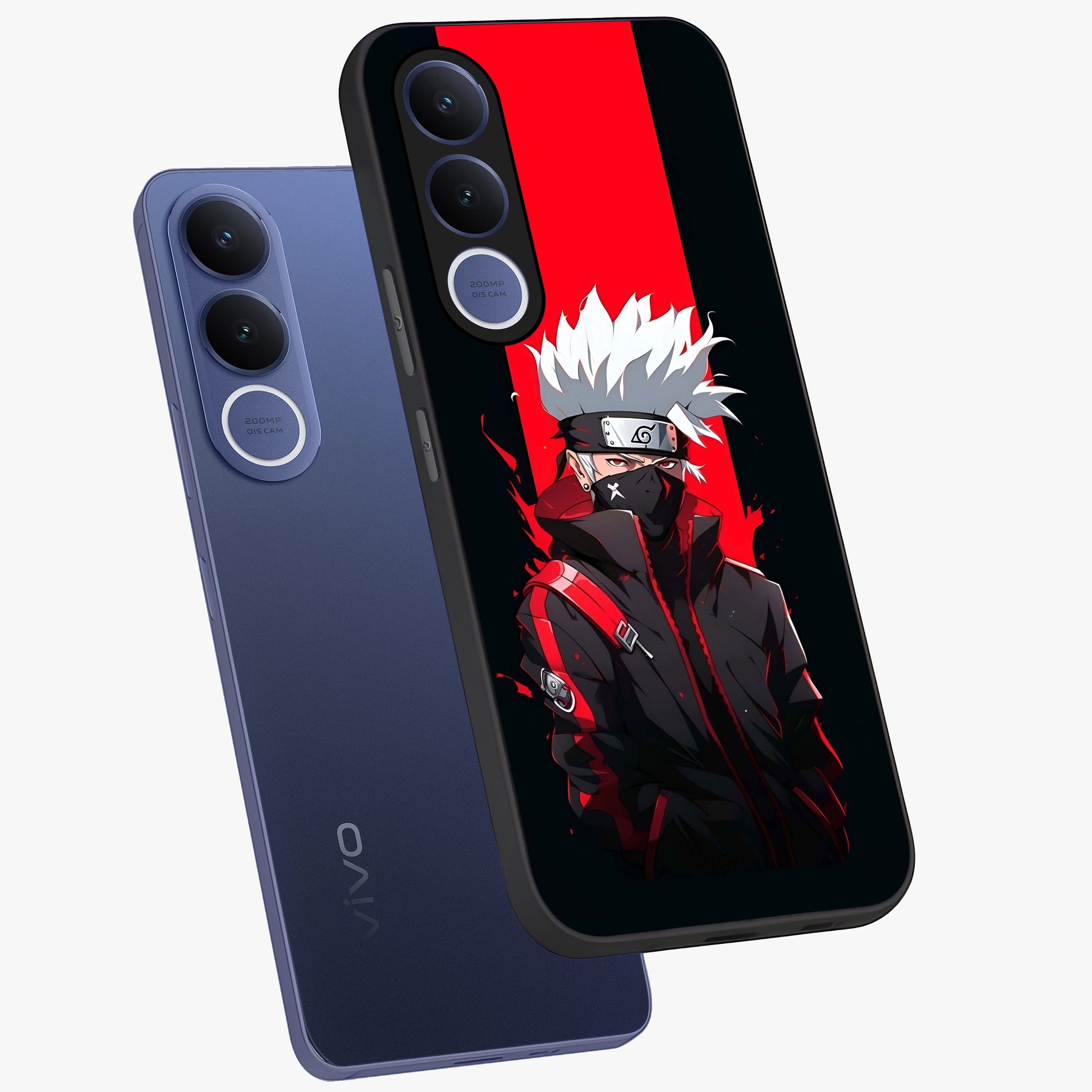 Kakashi Scarlet Shadow Glass Case displayed in angled mockup highlighting dramatic ninja illustration with scarlet themed aesthetic.