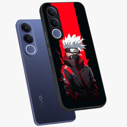 Kakashi Scarlet Shadow Glass Case displayed in angled mockup highlighting dramatic ninja illustration with scarlet themed aesthetic.