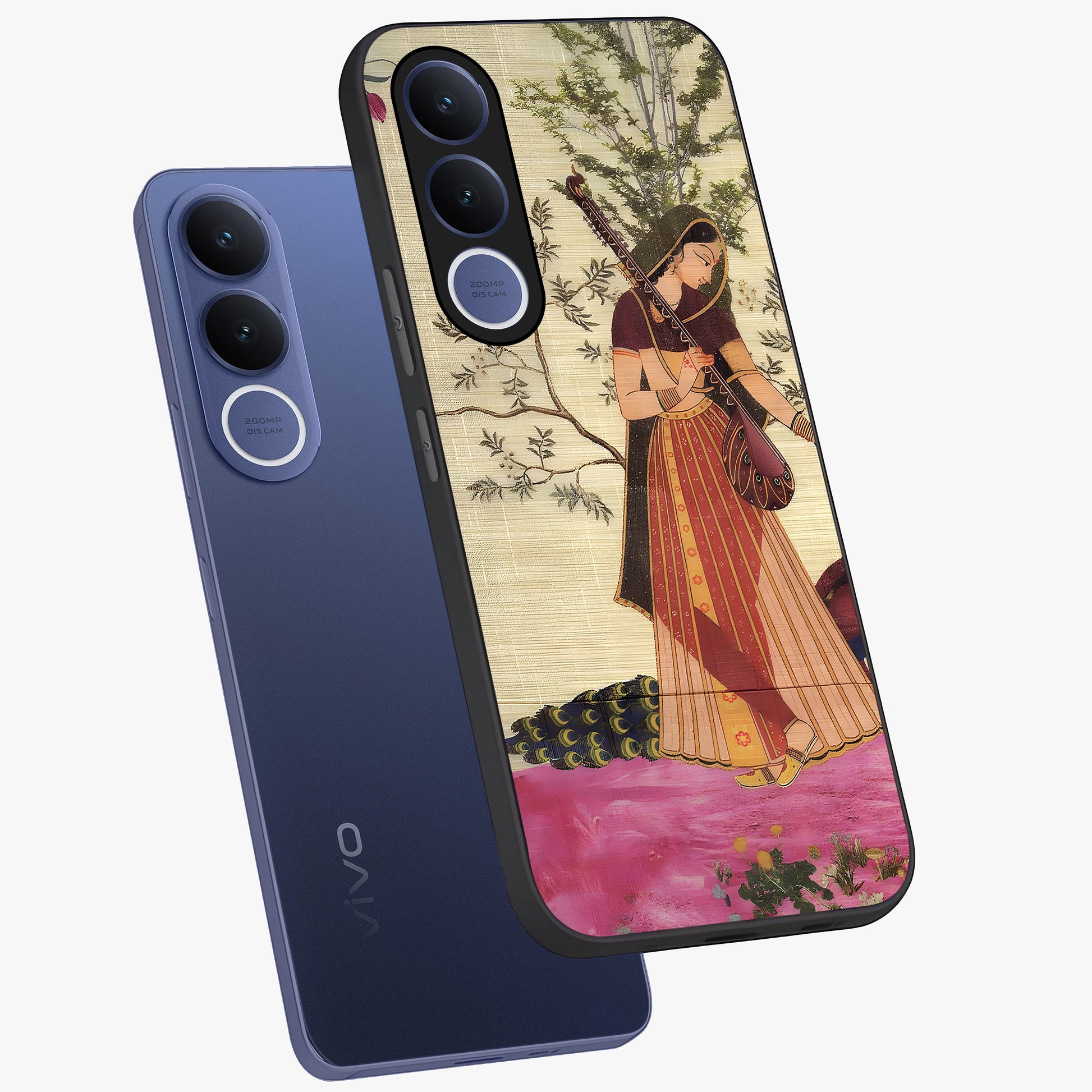 Lady With Veena Art Glass Case displayed in angled mockup highlighting graceful musical illustration with cultural artistic aesthetic.