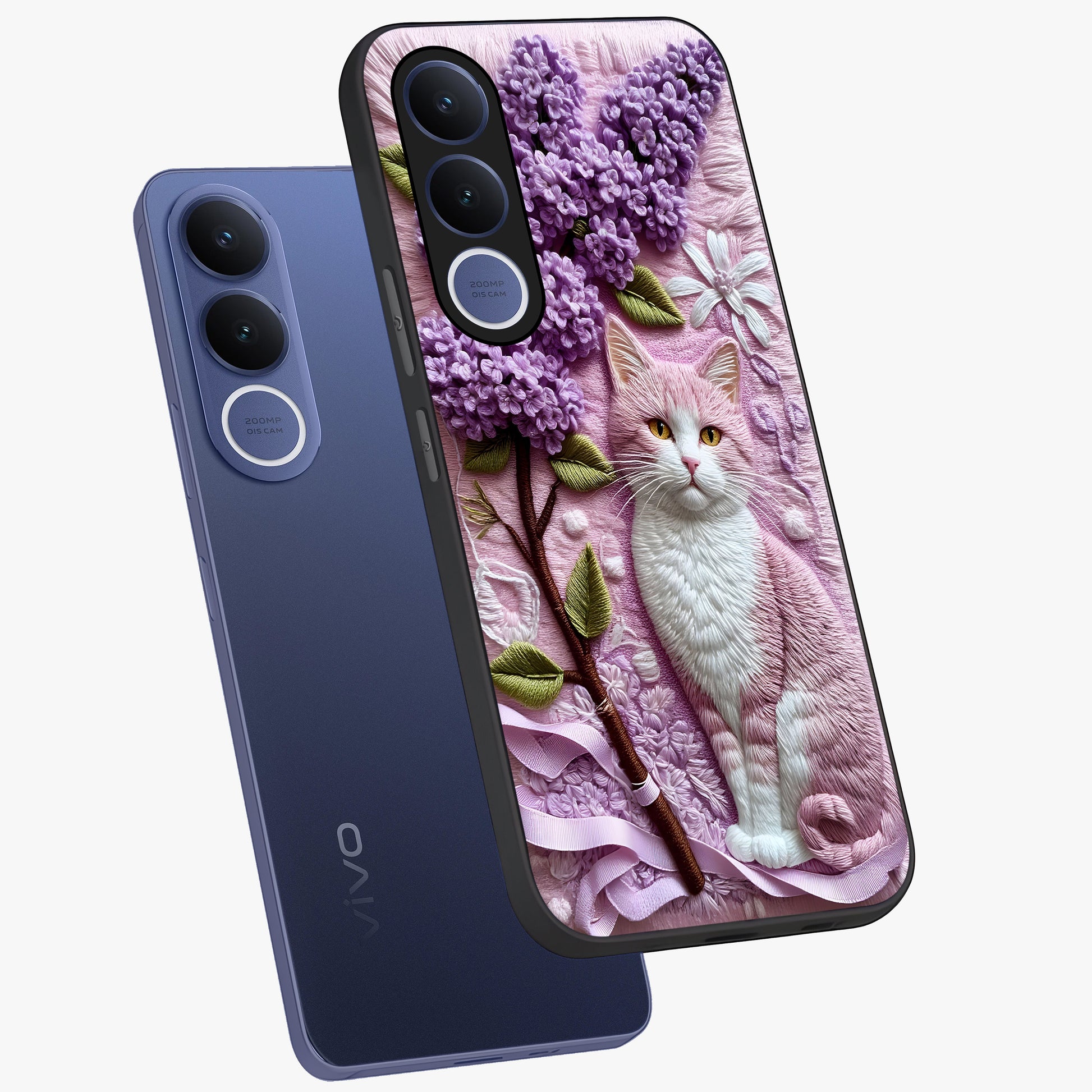 Lavender Cat Whimsy Glass Case displayed in angled mockup highlighting playful feline illustration with pastel lavender aesthetic.
