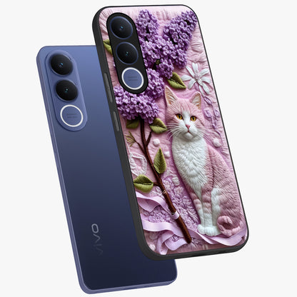 Lavender Cat Whimsy Glass Case displayed in angled mockup highlighting playful feline illustration with pastel lavender aesthetic.