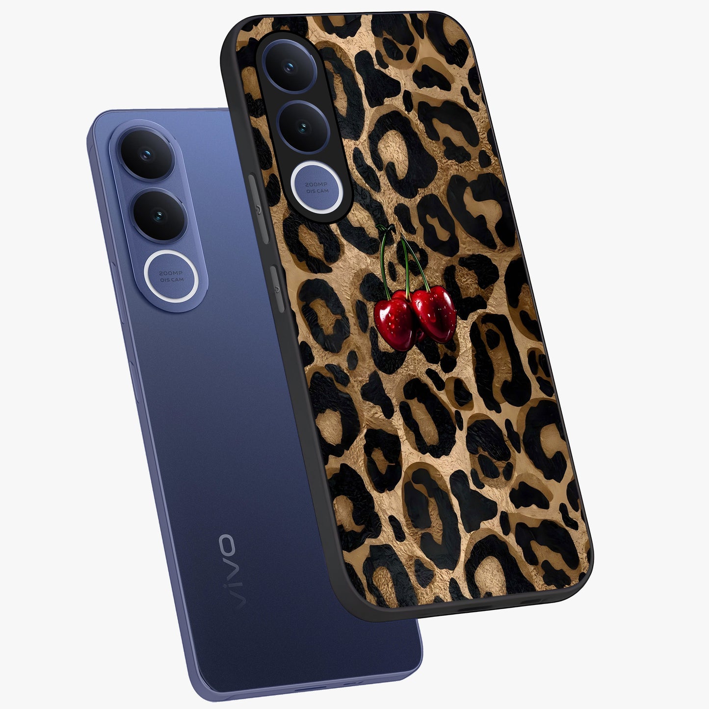 Leopard Wild Cherry Glass Case displayed in angled mockup highlighting bold animal print design with playful cherry aesthetic.