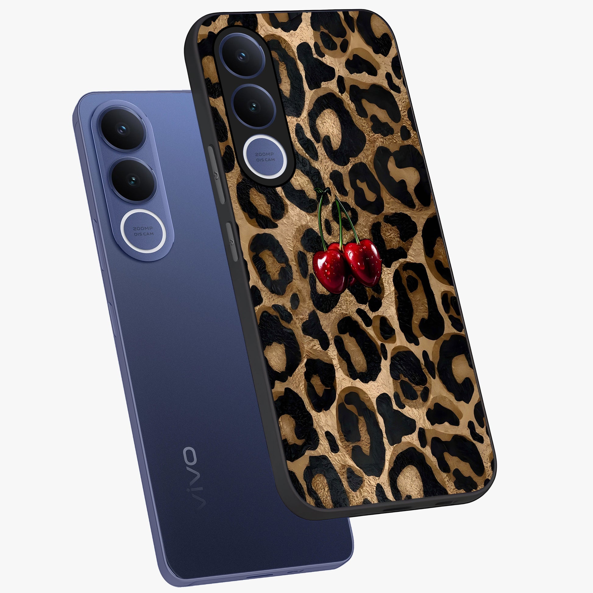 Leopard Wild Cherry Glass Case displayed in angled mockup highlighting bold animal print design with playful cherry aesthetic.