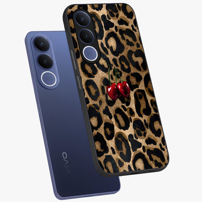 Leopard Wild Cherry Glass Case displayed in angled mockup highlighting bold animal print design with playful cherry aesthetic.