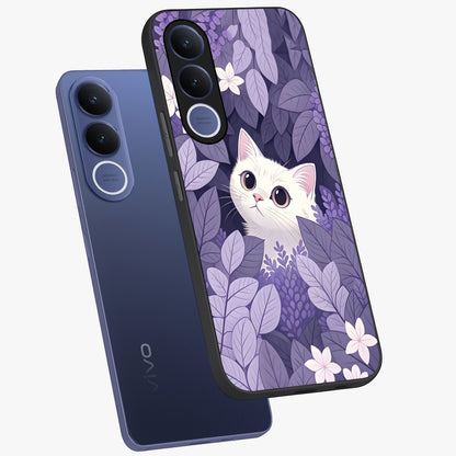 Lilac Hide Peek Cat Glass Case displayed in angled mockup highlighting playful feline illustration with lilac aesthetic design.