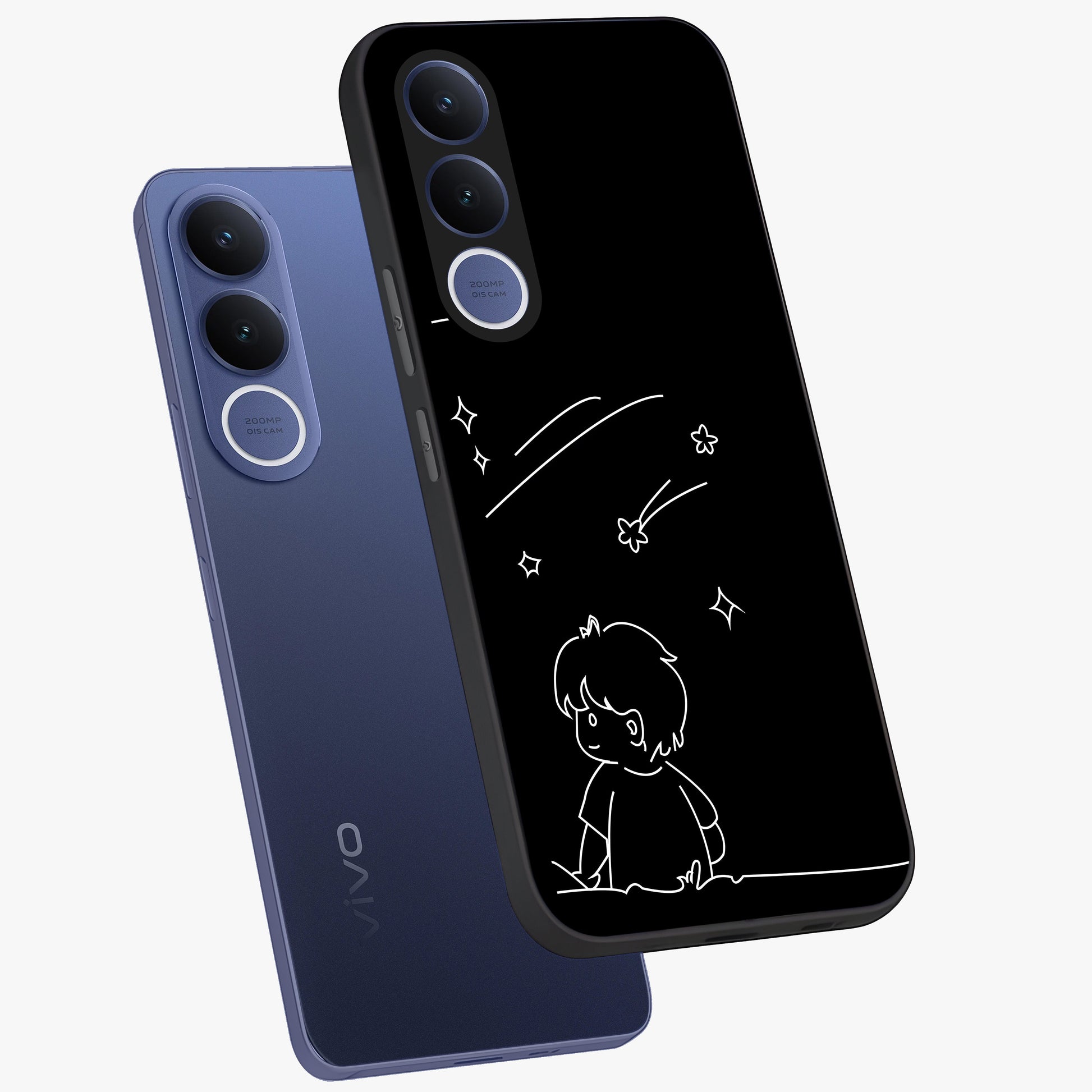 Line Art Boy With Shooting Stars Glass Case displayed in angled mockup highlighting elegant line art design with dreamy star aesthetic.