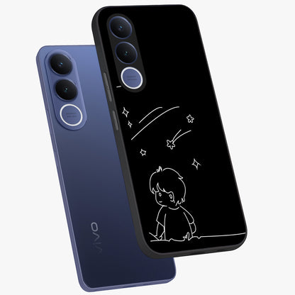 Line Art Boy With Shooting Stars Glass Case displayed in angled mockup highlighting elegant line art design with dreamy star aesthetic.