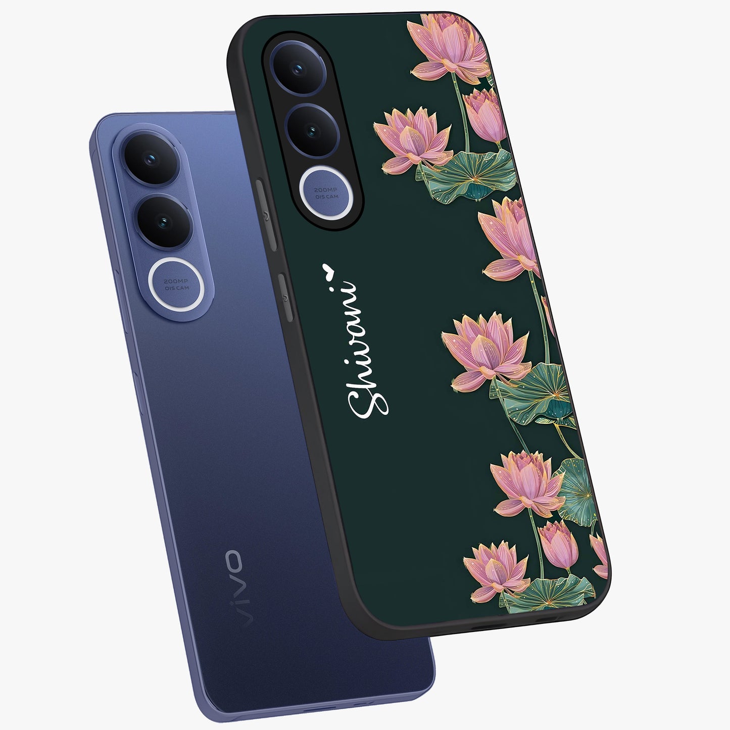 Lotus Bloom Serenity Custom Name Glass Case displayed in angled mockup highlighting graceful lotus illustration with custom name feature.
