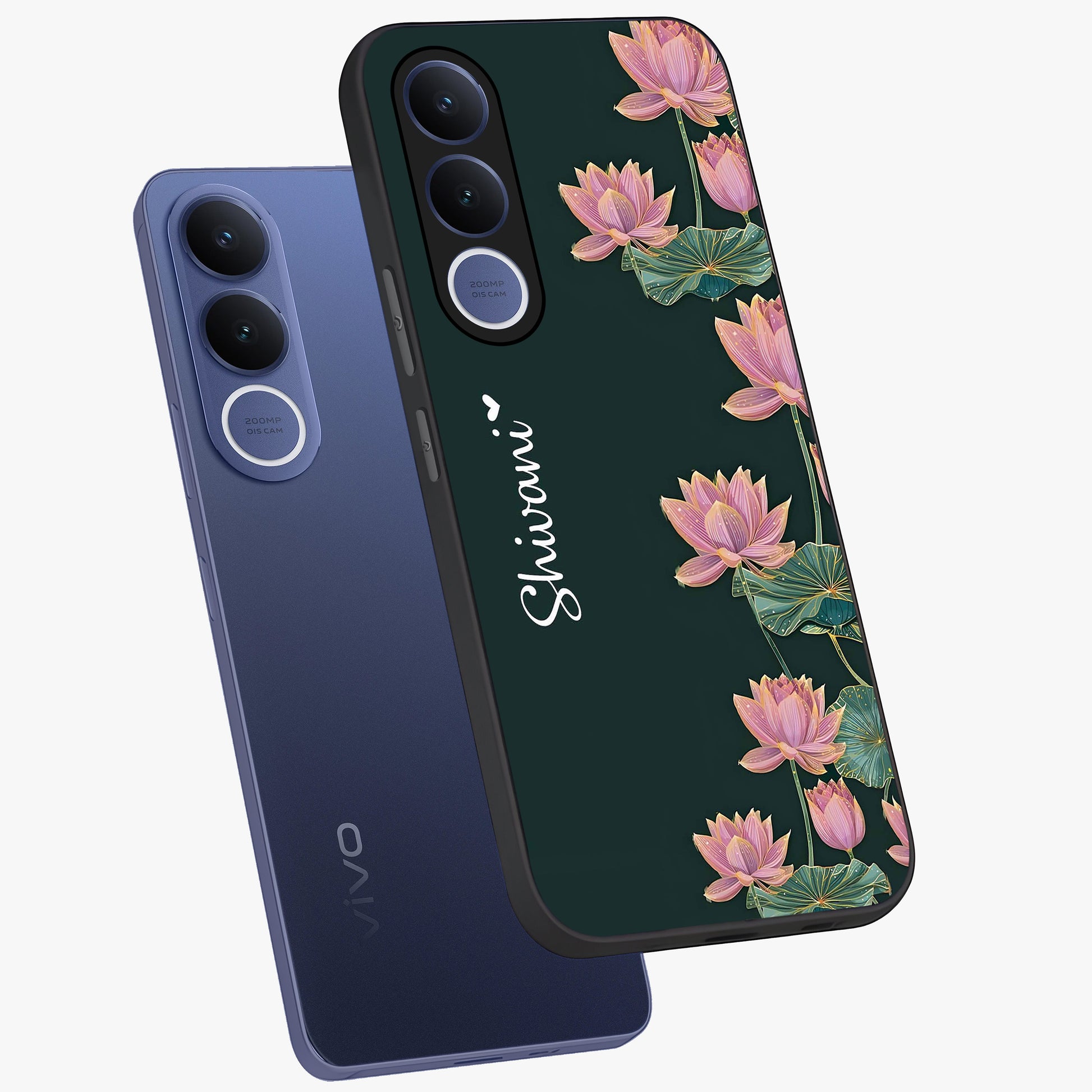 Lotus Bloom Serenity Custom Name Glass Case displayed in angled mockup highlighting graceful lotus illustration with custom name feature.