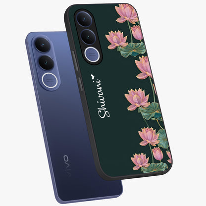 Lotus Bloom Serenity Custom Name Glass Case displayed in angled mockup highlighting graceful lotus illustration with custom name feature.