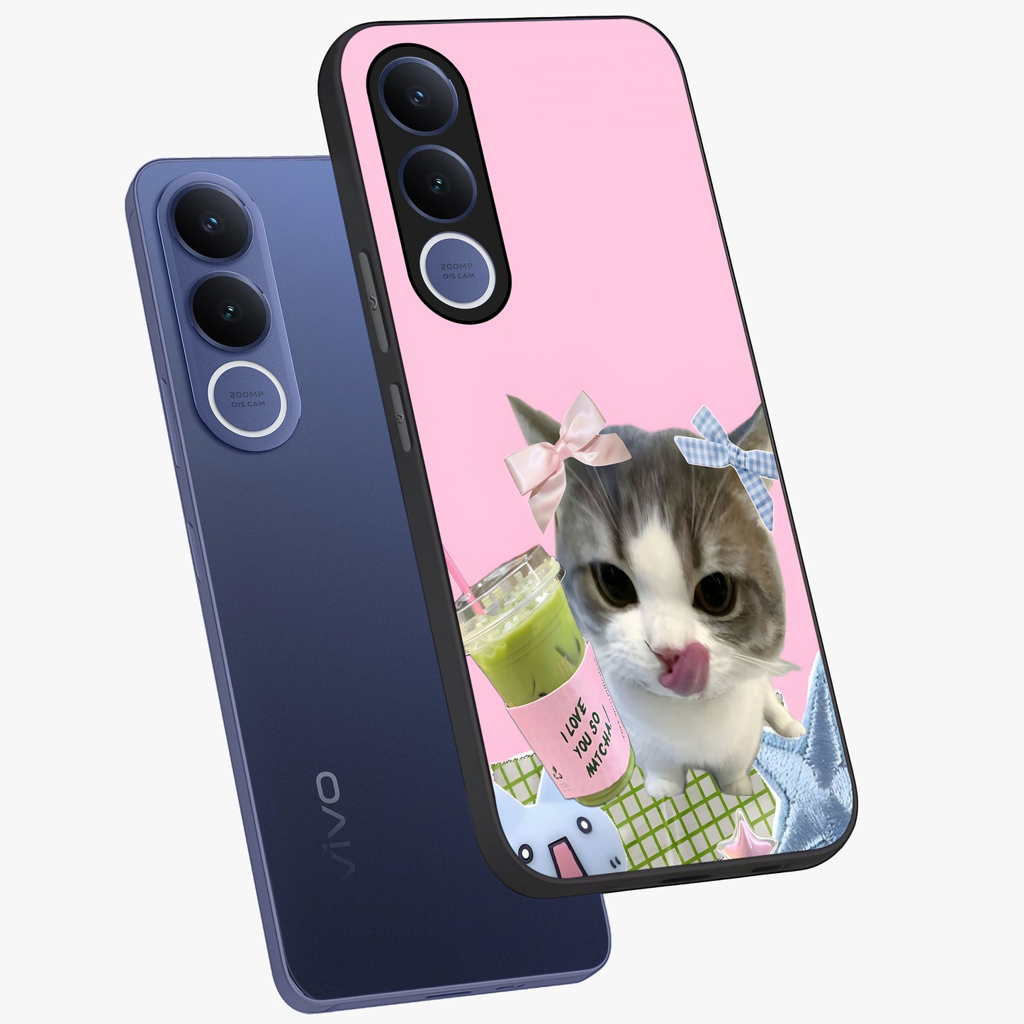 Love Matcha Cat Glass Case displayed in angled mockup highlighting playful feline illustration with cozy matcha aesthetic.