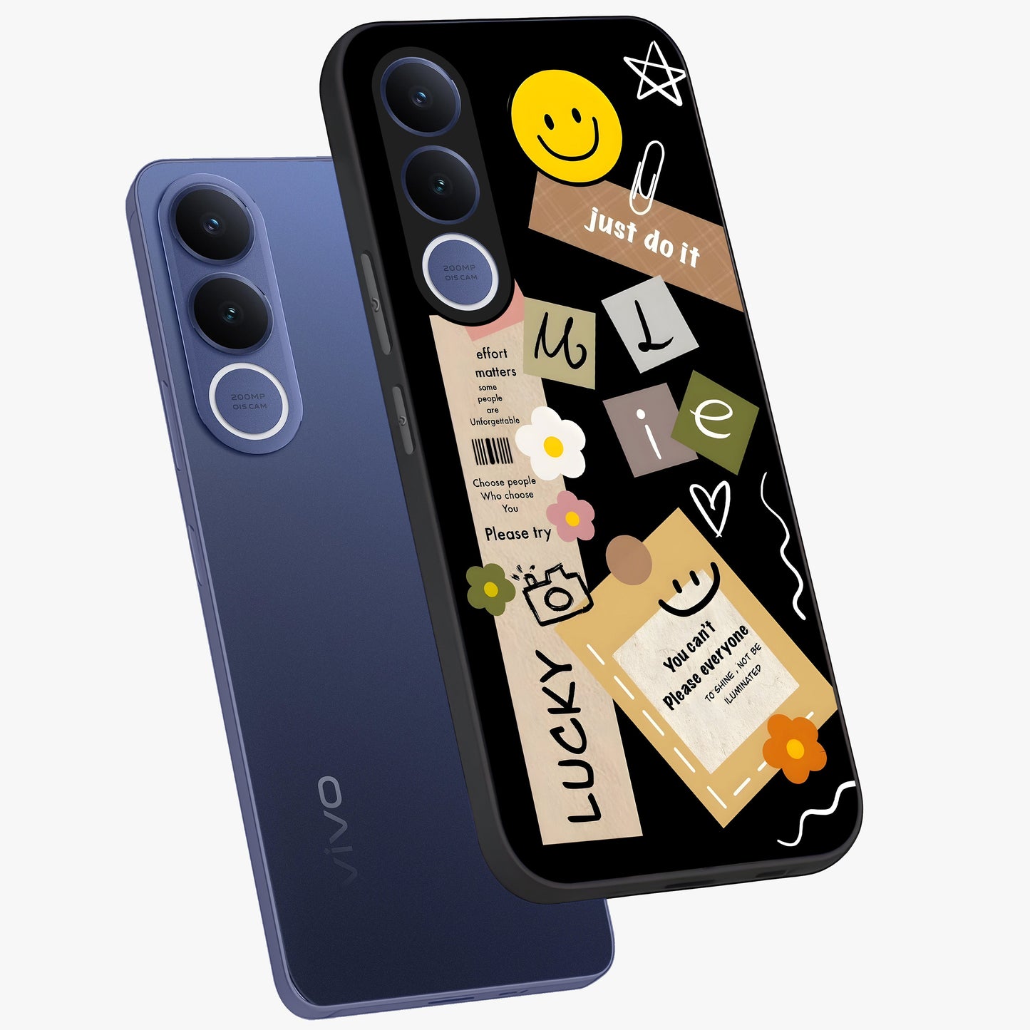 Lucky Aesthetic Collage Glass Case displayed in angled mockup highlighting stylish collage pattern with modern aesthetic vibe.