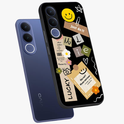 Lucky Aesthetic Collage Glass Case displayed in angled mockup highlighting stylish collage pattern with modern aesthetic vibe.