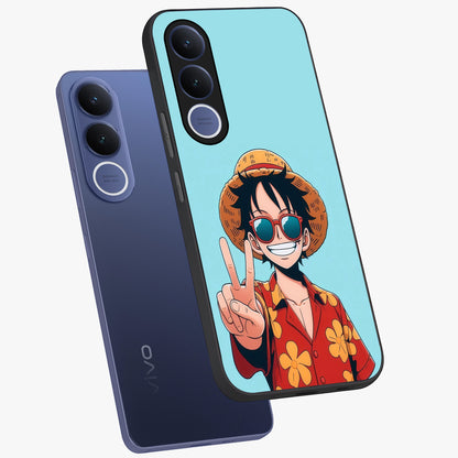Luffy Summer Anime Vibe Glass Case displayed in angled mockup highlighting energetic anime illustration with summer vibe aesthetic.