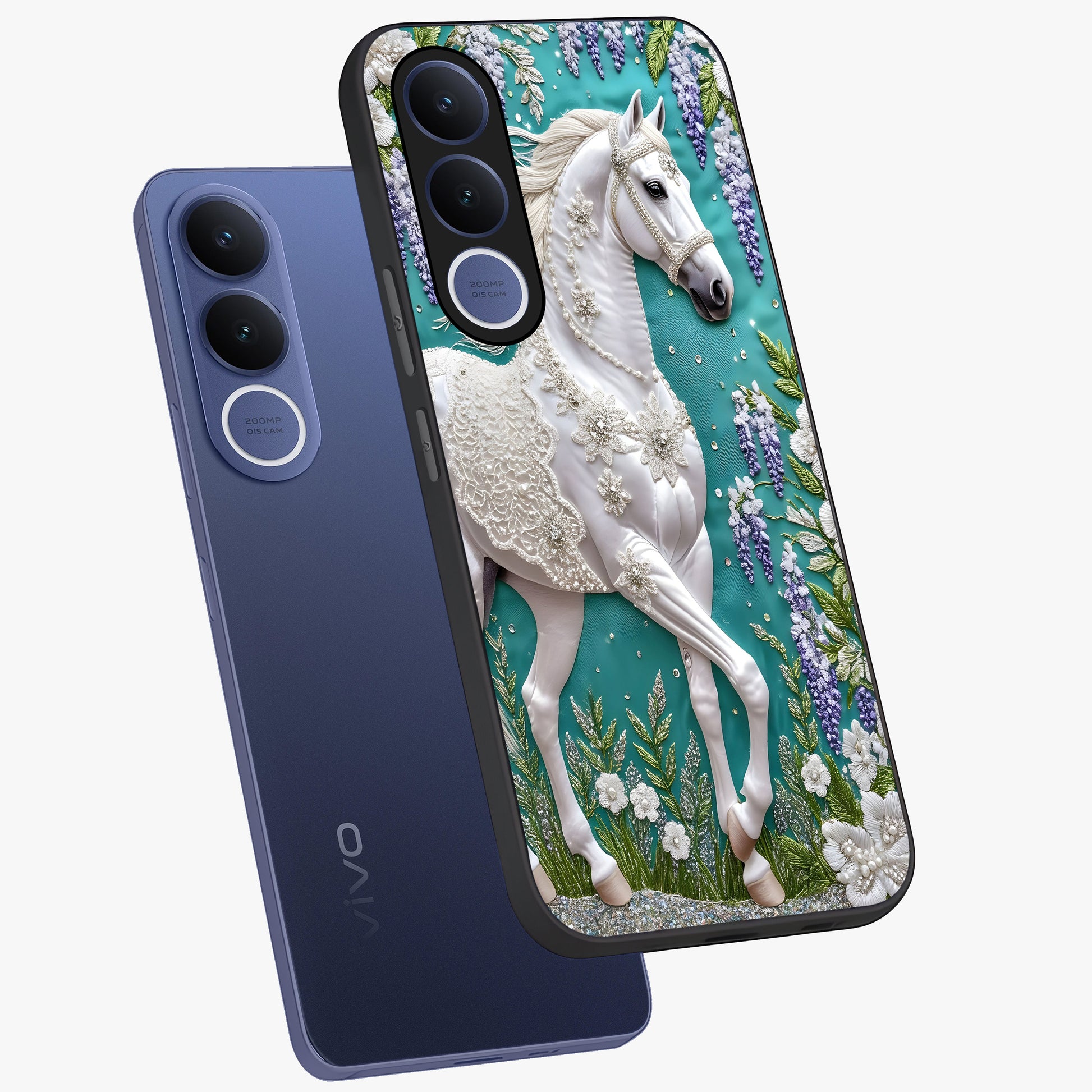 Majestic Floral Stallion Glass Case displayed in angled mockup highlighting majestic stallion illustration with elegant floral aesthetic.