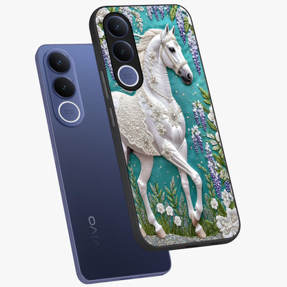 Majestic Floral Stallion Glass Case displayed in angled mockup highlighting majestic stallion illustration with elegant floral aesthetic.