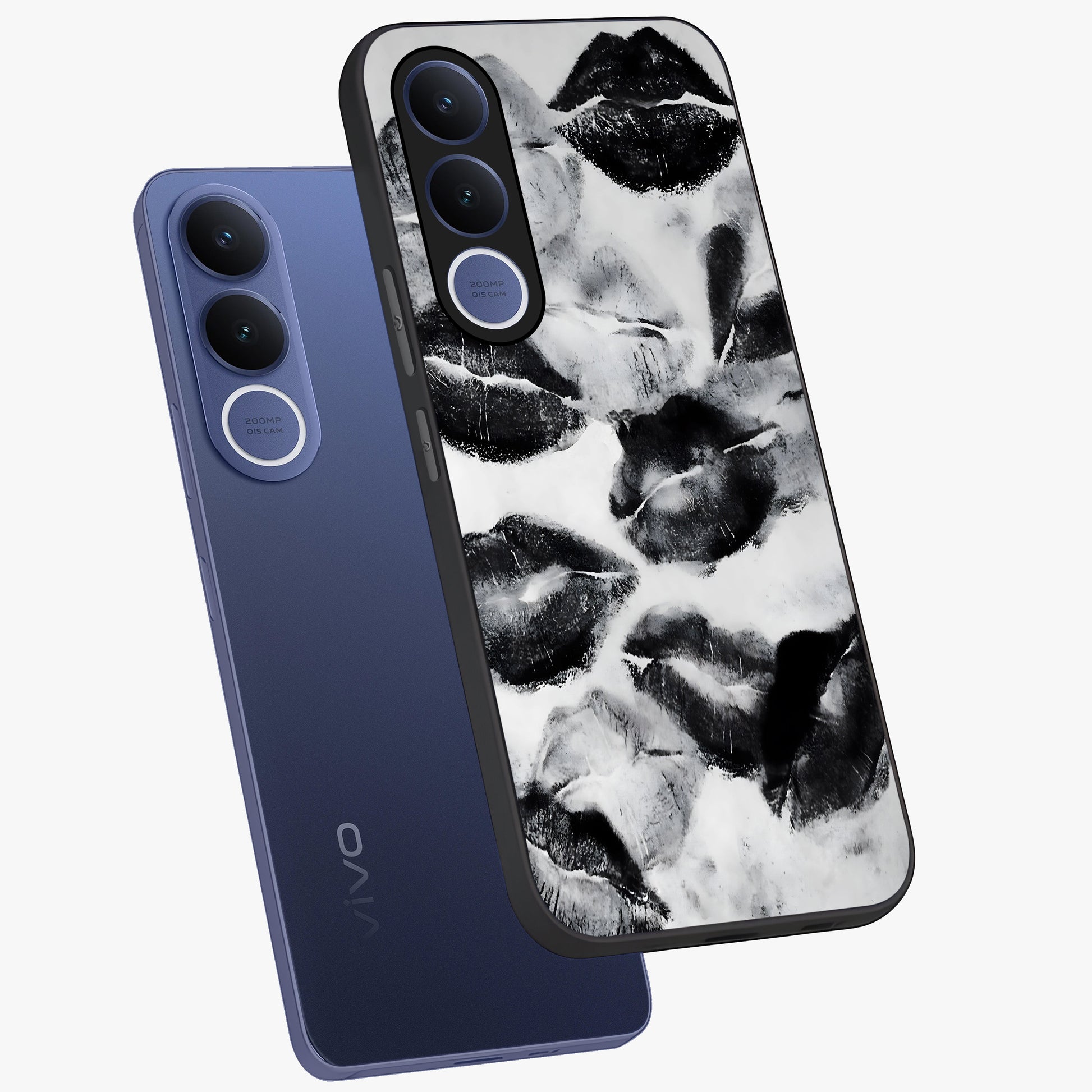 Midnight Kiss Marks Glass Case displayed in angled mockup highlighting playful romantic design with bold midnight aesthetic.