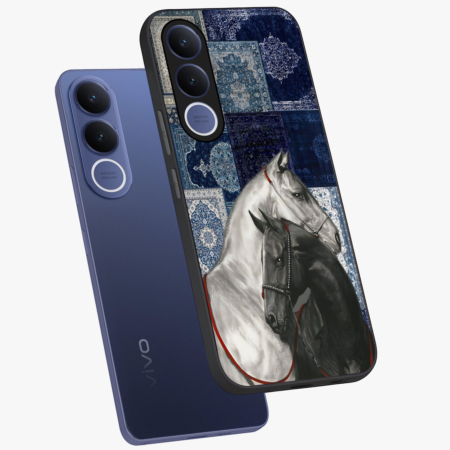 Midnight Stallion Blues Glass Case displayed in angled mockup highlighting powerful stallion illustration with deep midnight tones.