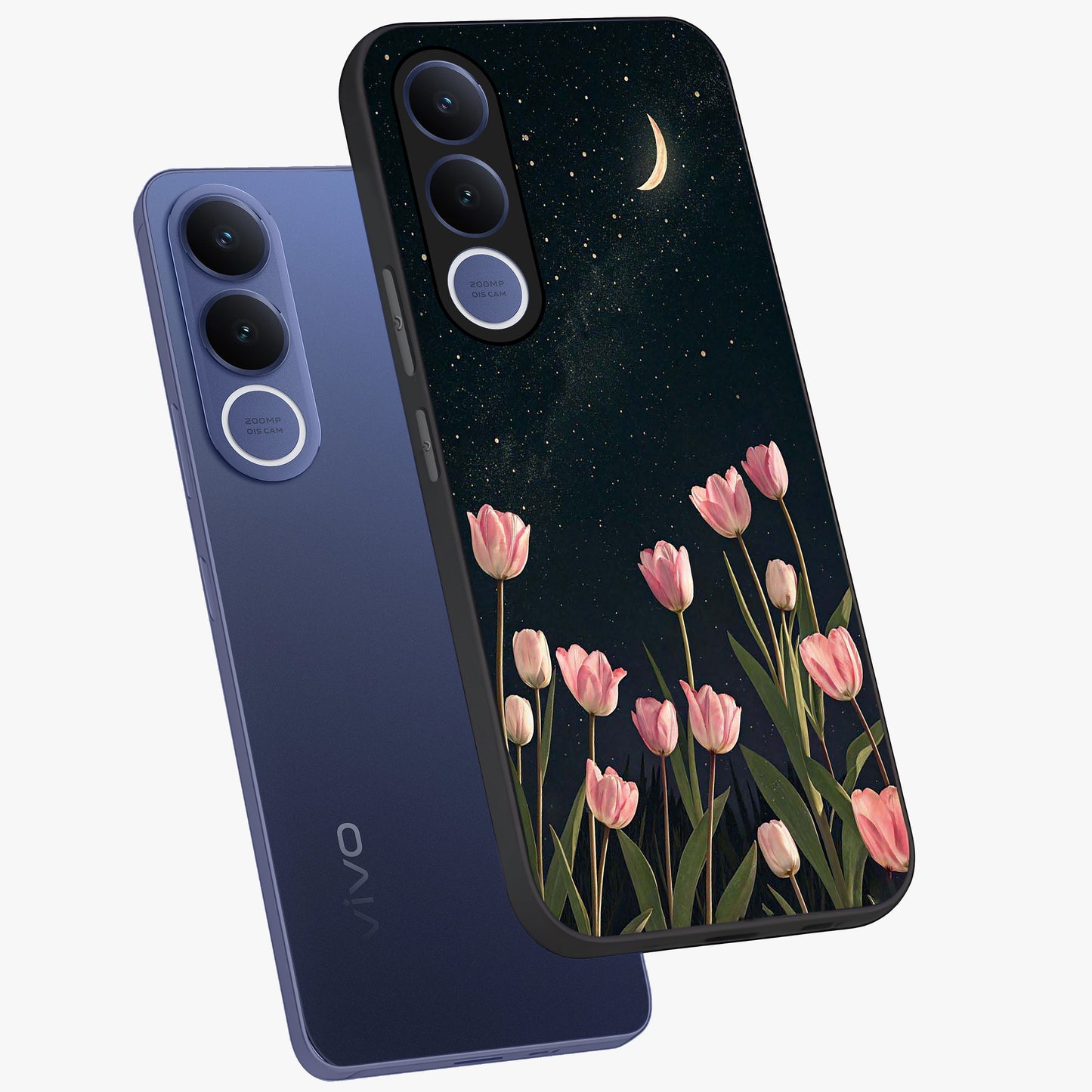 Midnight Tulip Whispers Vibe Glass Case displayed in angled mockup highlighting delicate tulip design with midnight floral aesthetic.
