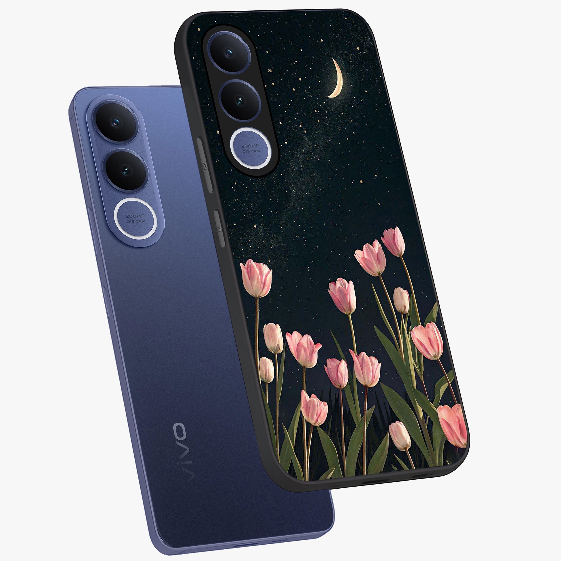 Midnight Tulip Whispers Vibe Glass Case displayed in angled mockup highlighting delicate tulip design with midnight floral aesthetic.