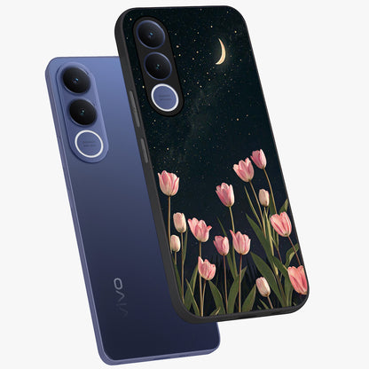 Midnight Tulip Whispers Vibe Glass Case displayed in angled mockup highlighting delicate tulip design with midnight floral aesthetic.
