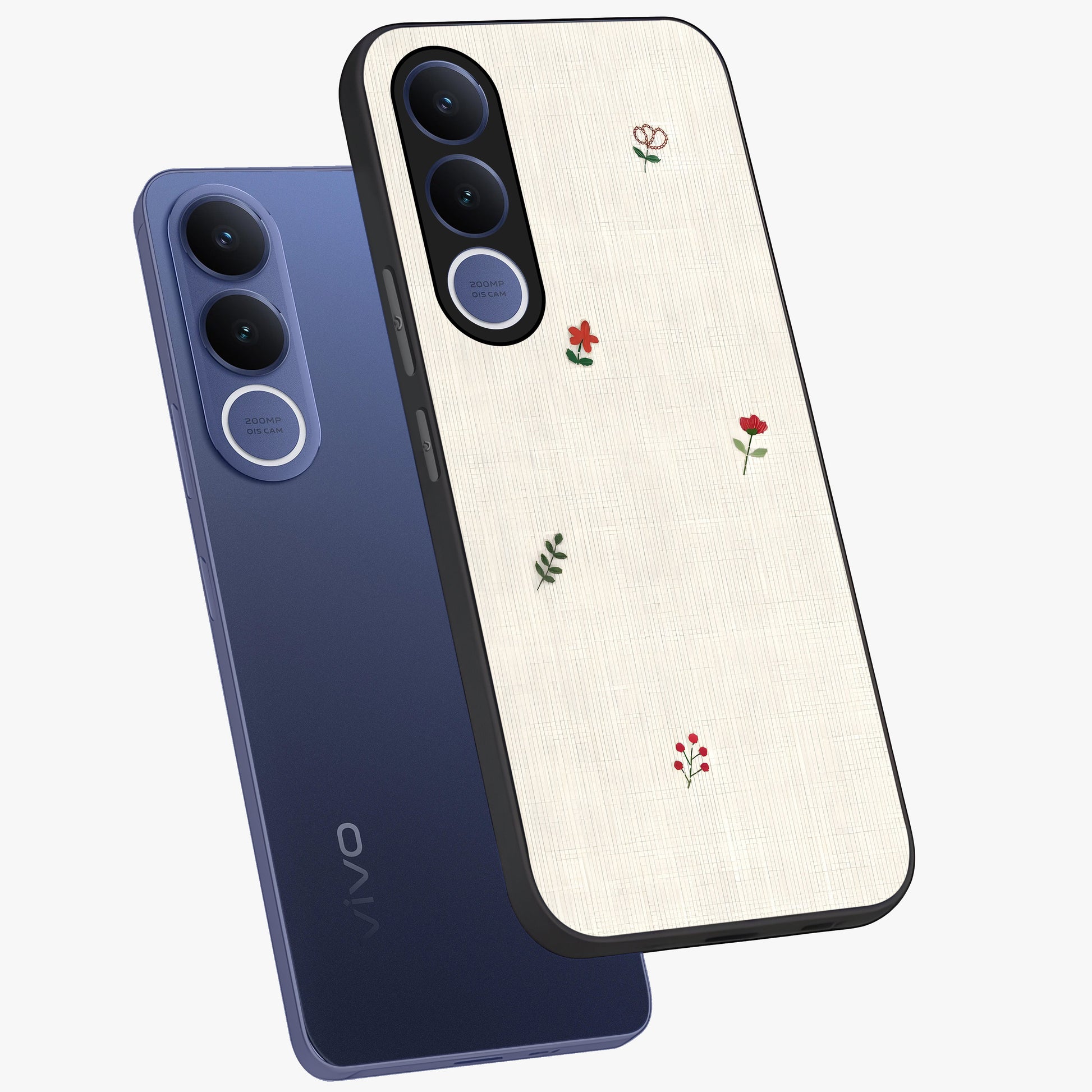 Minimalistic Blue With White Flower Pattern Glass Case displayed in angled mockup highlighting simple floral design with minimal aesthetic.