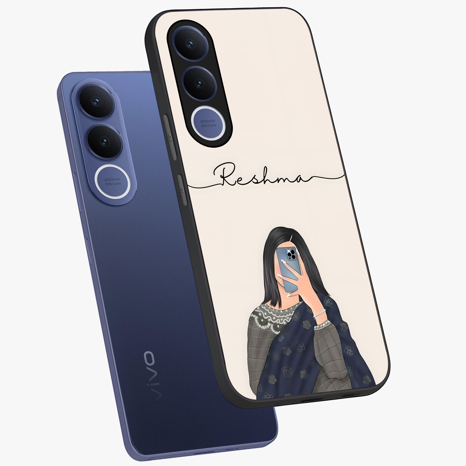Mirror Mood Muse With Custom Name Glass Case displayed in angled mockup highlighting aesthetic mirror inspired design with custom name feature.