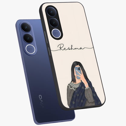 Mirror Mood Muse With Custom Name Glass Case displayed in angled mockup highlighting aesthetic mirror inspired design with custom name feature.