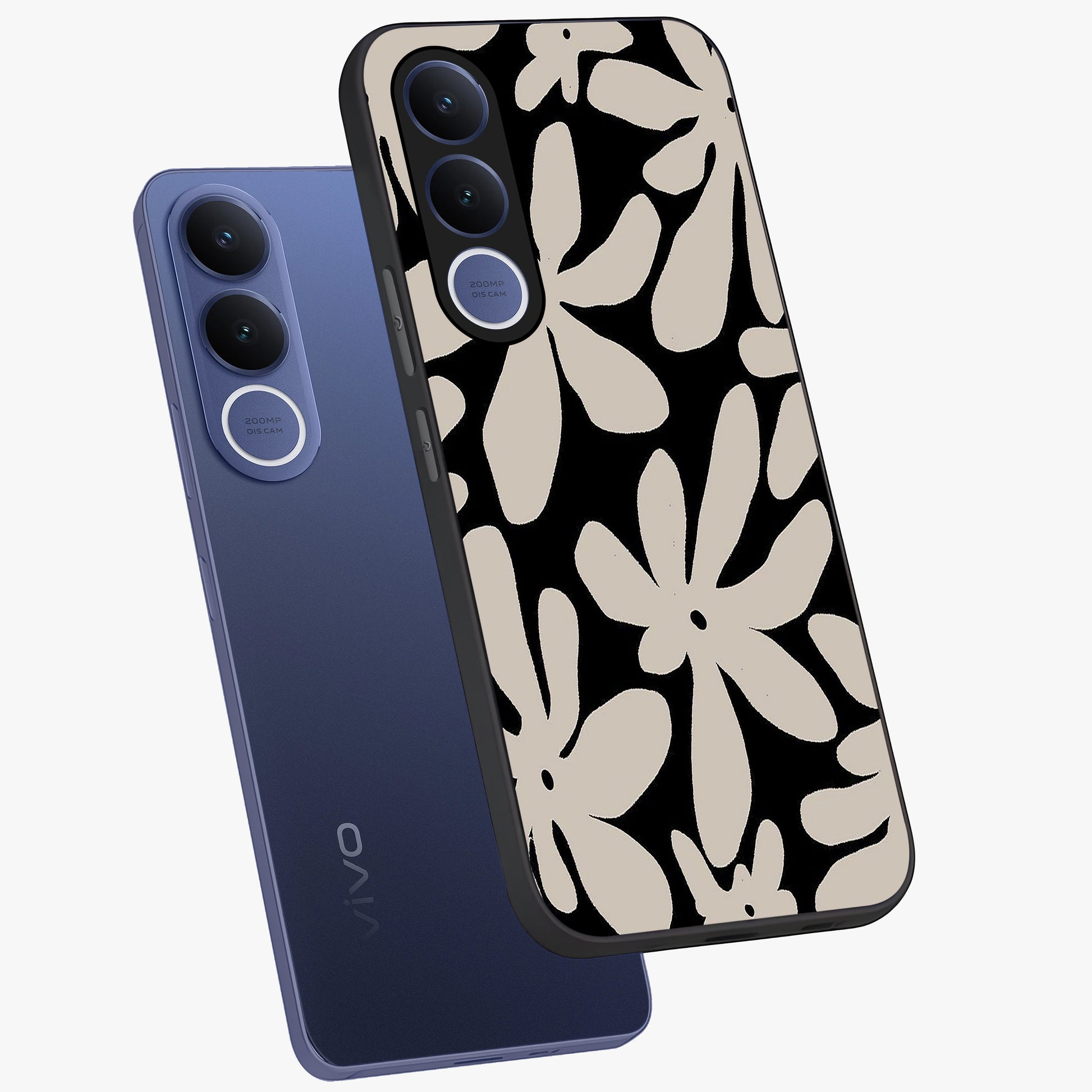 Monochrome Petal Dance Glass Case displayed in angled mockup highlighting elegant petal design with black and white aesthetic.