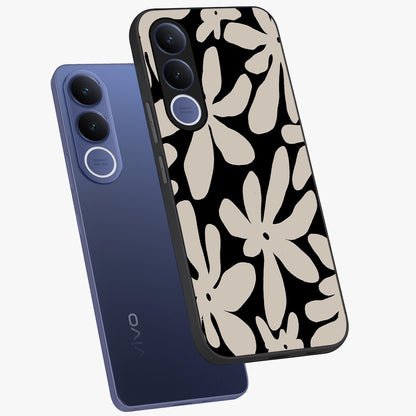 Monochrome Petal Dance Glass Case displayed in angled mockup highlighting elegant petal design with black and white aesthetic.
