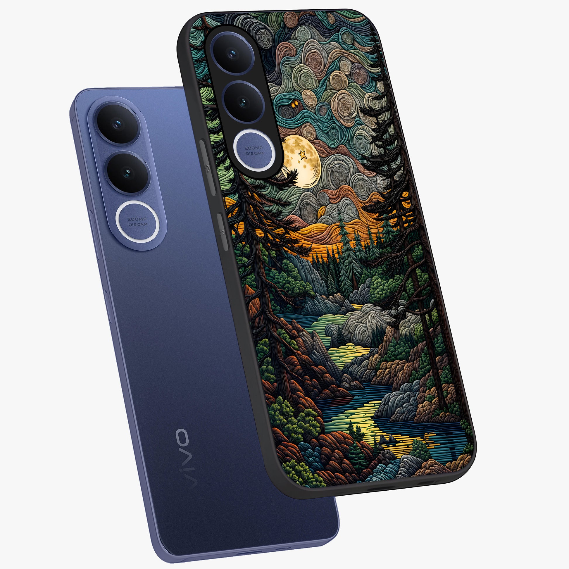 Moonlight Forest Dream Glass Case displayed in angled mockup highlighting dreamy forest design with glowing moon aesthetic.