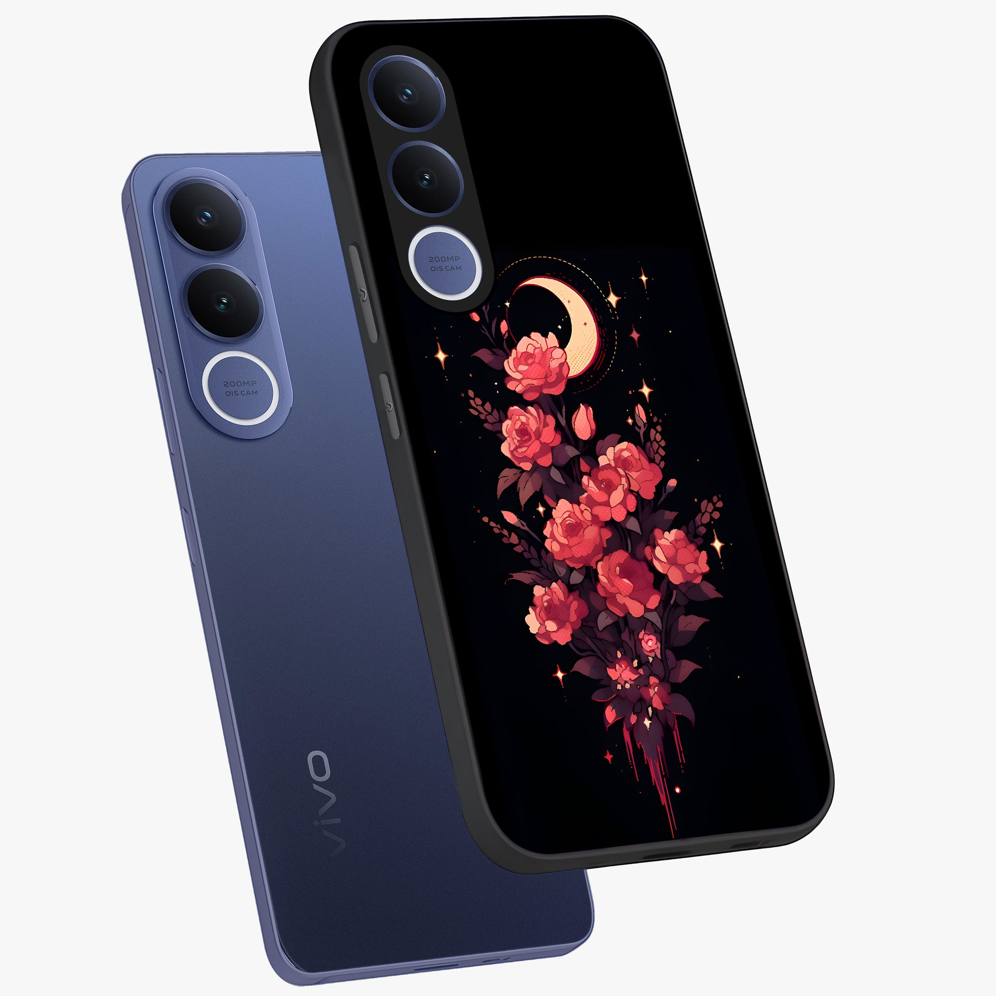 Moonlit Floral Elegance Glass Case displayed in angled mockup highlighting graceful flower design with soft moonlight aesthetic.