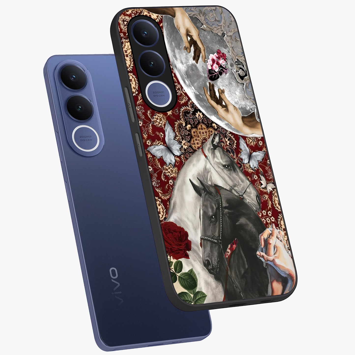 Moonlit Royal Stallion Glass Case displayed in angled mockup highlighting powerful stallion illustration with royal night aesthetic.