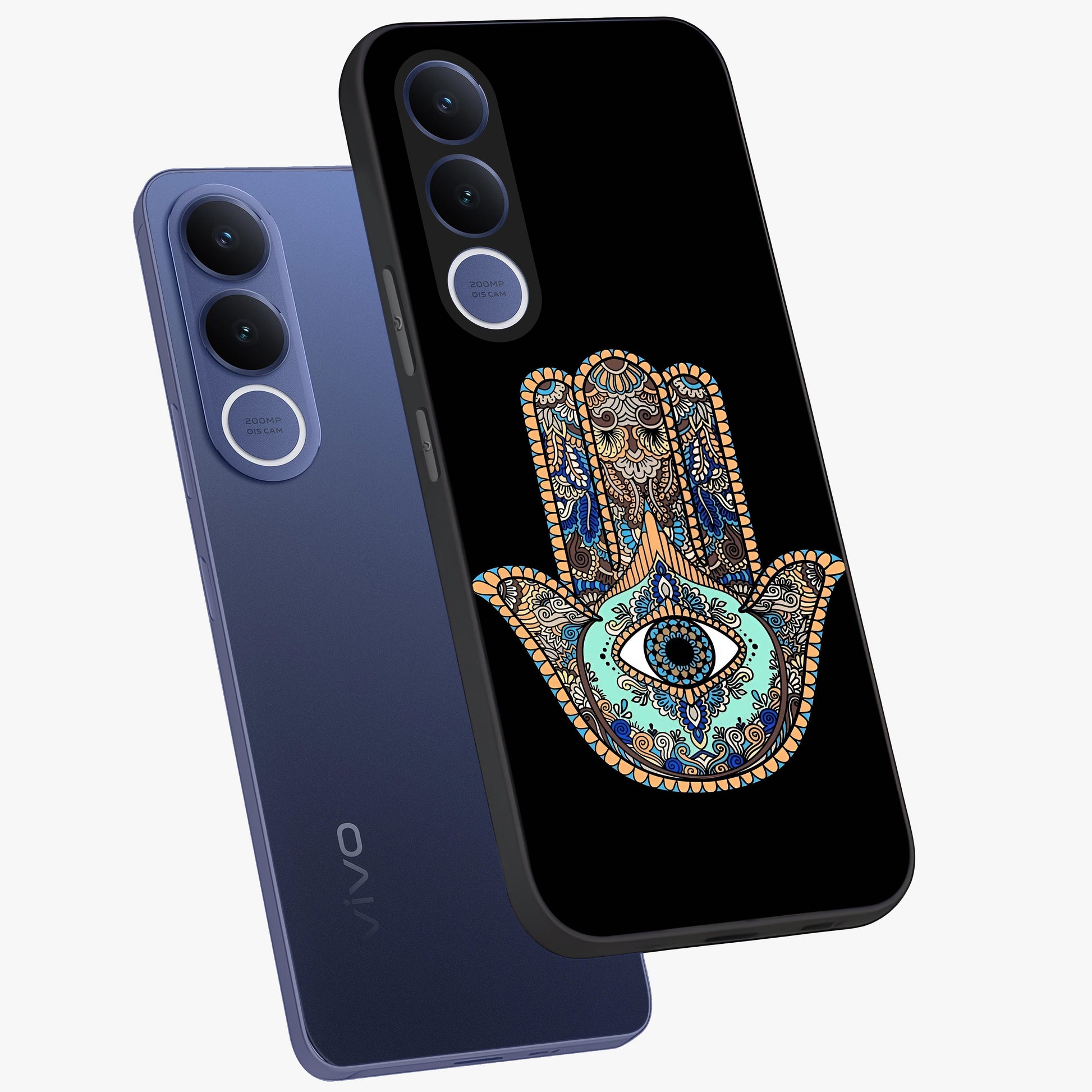 Mystic Hamsa Eye Glass Case displayed in angled mockup highlighting spiritual hamsa symbol with mystical aesthetic style.