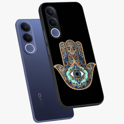 Mystic Hamsa Eye Glass Case displayed in angled mockup highlighting spiritual hamsa symbol with mystical aesthetic style.