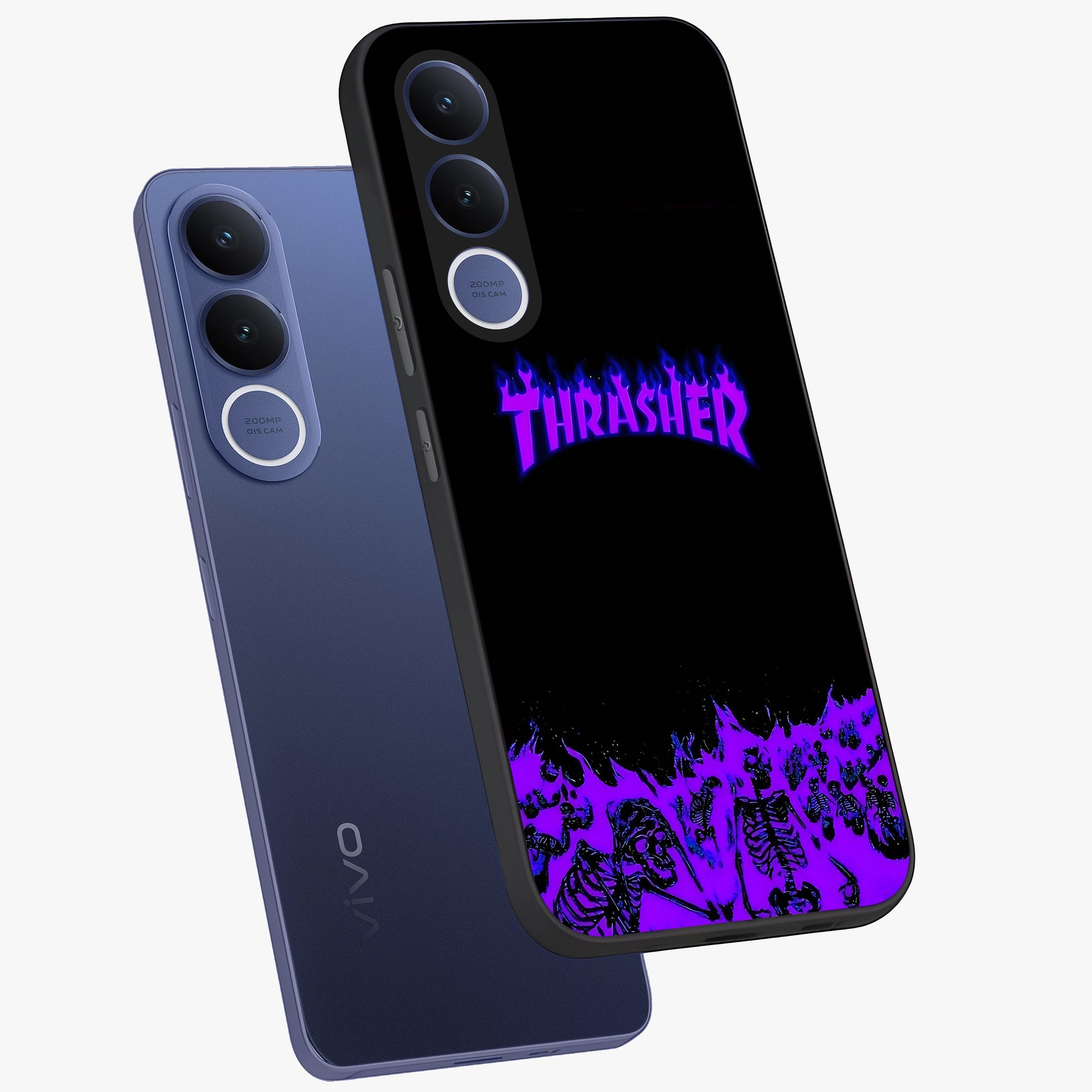 Neon Flame Riot Glass Case displayed in angled mockup highlighting glowing flame design with vibrant neon aesthetic.