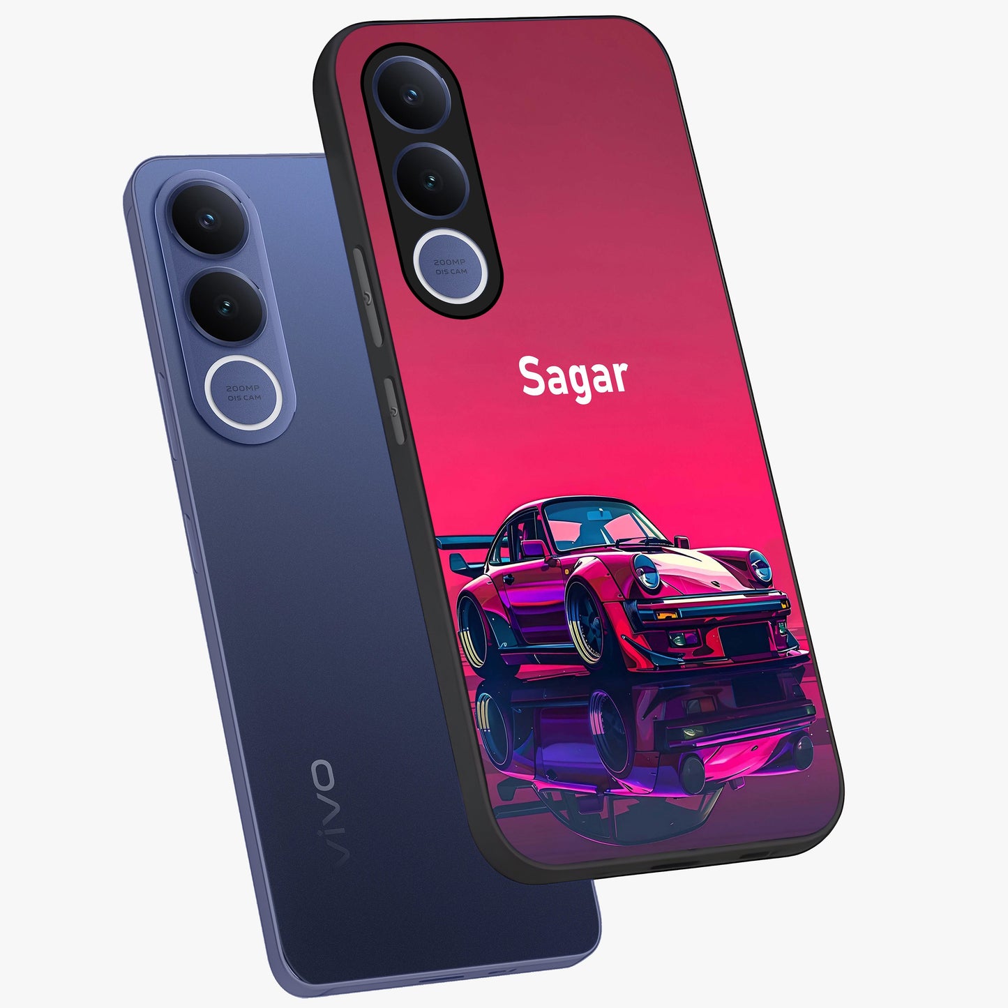 Neon Pink Porsche Glass Case displayed in angled mockup highlighting sleek neon pink car design with racing aesthetic.